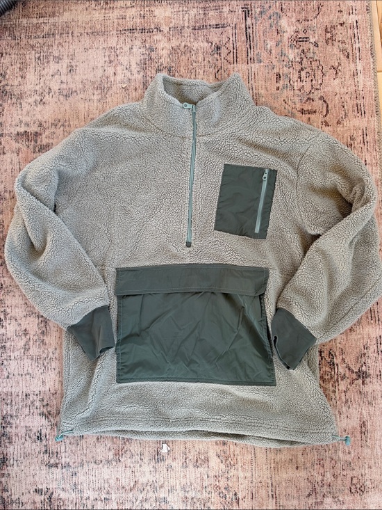 aerie Tops - aerie Light Green Sherpa Half-Zip Pullover with Olive Green Accents